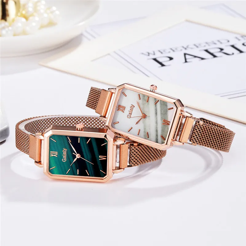 Galaly Square Quartz Watch & Bracelet Set — Rose Gold Mesh, Green Dial